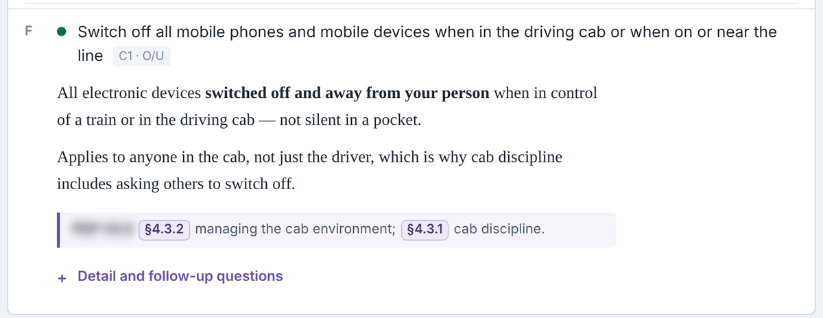 A competence criterion on switching off mobile devices in the cab, with its written answer and two clause references shown as buttons that open the source document.